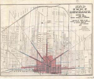 In 1870 it would have been important to show what parts of the city received certain services. This map is shaded pink where fire protection was offered, blue highlights paved roads, and red indicate sewer lines.