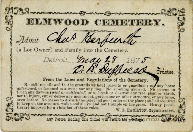 This 1875 admission ticket was issued to the family of Charles Herfurth. In the following decades, changing attitudes about the cemetery's role made such passes unnecessary.